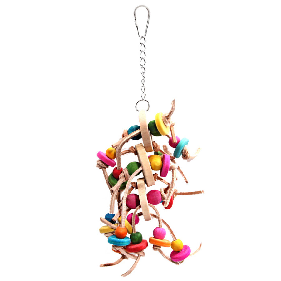 Avi One Parrot Toy - Leather Rope Coloured Wood Block 33cm