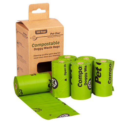 Pet One Doggy Waste Bags Compostable 6 Rolls X 20 Bags Per Roll